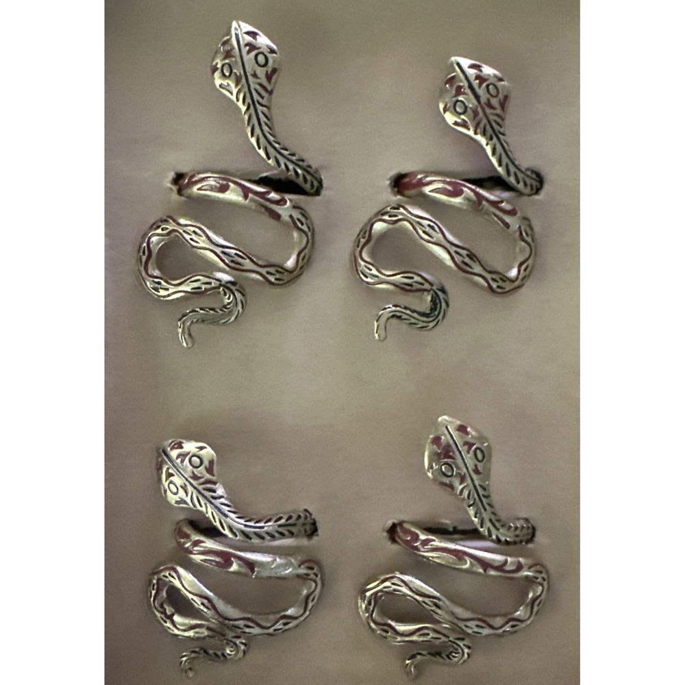 Snake Set of 4 Napkin Rings Gold Tone w/Red Accents 3.5" New